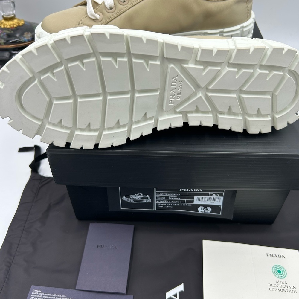 Women's Prada re-wheel gabardine sneaker in Desert beige size 40.5 made in Italy - Picture 8 of 12